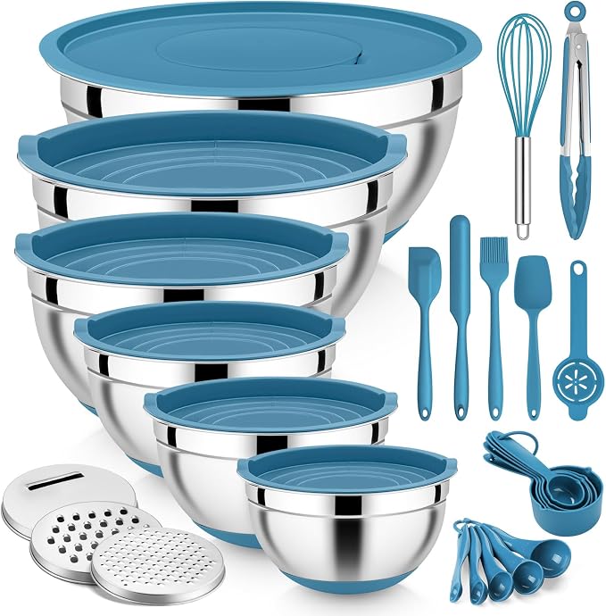 E-far 25PCS Mixing Bowls with Lid Set, Stainless Steel Nesting Prep Bowls with Grater Attachments Non-Slip Bottoms for Cooking, Baking, Serving, Food Storage, 4.6/2.6/2/1.5/1/0.7QT - Blue by E-far