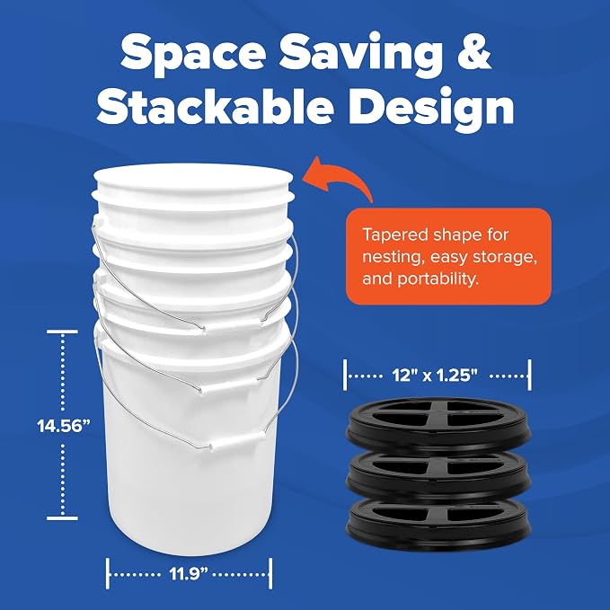 5 Gallon Bucket - Food Grade w/Lid BPA-Free, White/Black, 6 | Airtight Gamma Seal Screw-On Lid, Heavy-Duty 90 Mil HDPE Plastic, Food Safe and Durable Container, Bulk Storage, Made in USA - Image 3