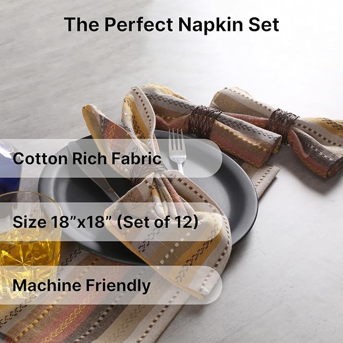 LFH Home Cotton Rich Cloth Salsa Napkin Set of 12 Washable Soft Durable Striped Napkins for Dining Wedding Daily Use Reusable Eco-Friendly Fabric Napkins (18x18)-Natural - Image 3