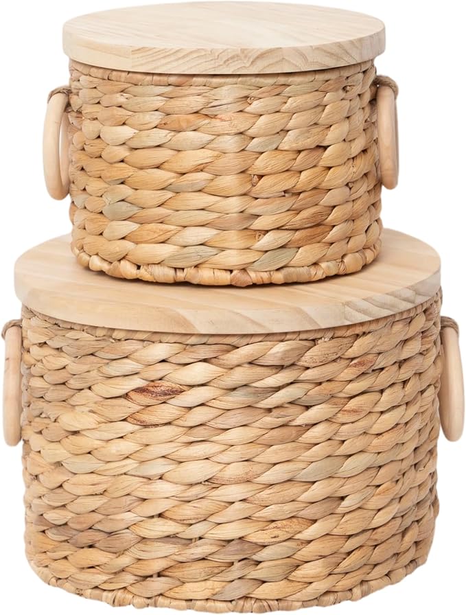 Woven Water Hyacinth Storage Basket Set of 2 with Lids | Stackable Rectangular Baskets,Decorative Natural Storage for Organization, Home, Closet, Desktop & Shelves by QingtuHome