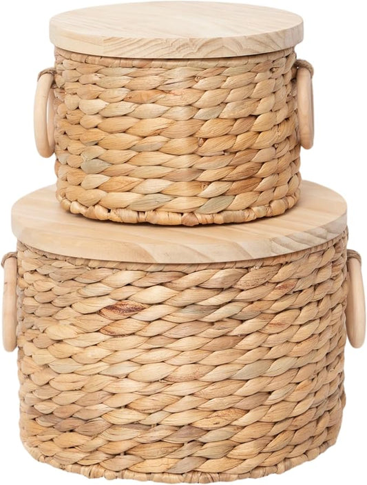 Woven Water Hyacinth Storage Basket Set of 2 with Lids | Stackable Rectangular Baskets,Decorative Natural Storage for Organization, Home, Closet, Desktop & Shelves by QingtuHome