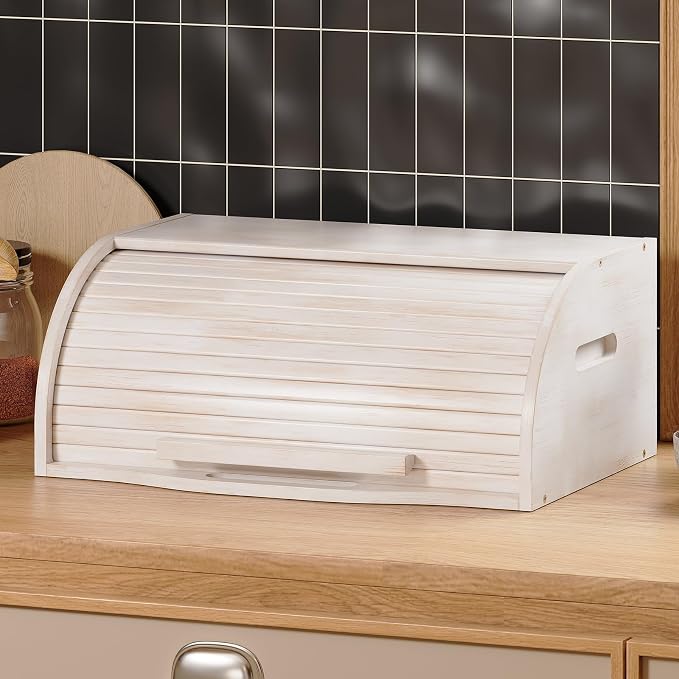 Trironsun Bamboo Roll Top Bread Box for Kitchen Countertop Large Capacity Bread Storage Bin Wooden Bread Storage Organizer Natural Breadbox for Food Storage (Antique white) - Image 3