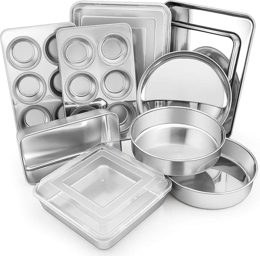 E-far 12-Piece Stainless Steel Bakeware Sets, Metal Baking Pan Set Include Round Cake Pans, Square/Rectangle Baking Pans with Lids, Cookie Sheet, Loaf/Muffin/Pizza Pan, Non-toxic & Dishwasher Safe by E-far