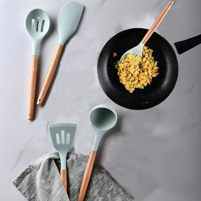 Kitchen Utensils Set, 5 Pcs Non-Stick Silicone Kitchen Cooking Utensils with Wooden Handle, Kitchen Spatula Cookware Utensils Set, Heat Resistant Silicone Kitchen Gadgets (Light Green) - Image 7