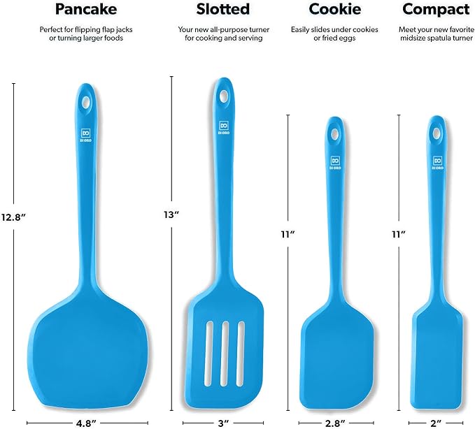 New DI ORO Silicone Turner Spatula Set - Kitchen Spatulas for Nonstick Cookware - Cooking Utensils for Flipping Eggs & Pancakes - 600°F Heat-Resistant BPA Free Turners - Dishwasher Safe (4pc, Blue) - Image 5