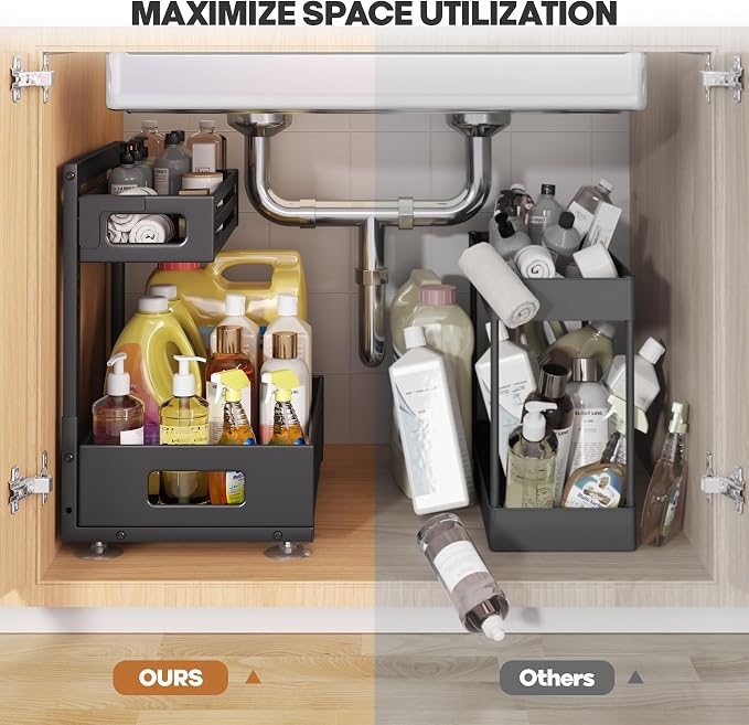 1 Pack Under Sink Organizer,Pull Out Cabinet Organizer with Smooth Cylindrical Rail,Metal Slide Out Drawer for Kitchen Bathroom Laundry Cabinet,8-Level Tool Free Height Adjustable-Black - Image 6