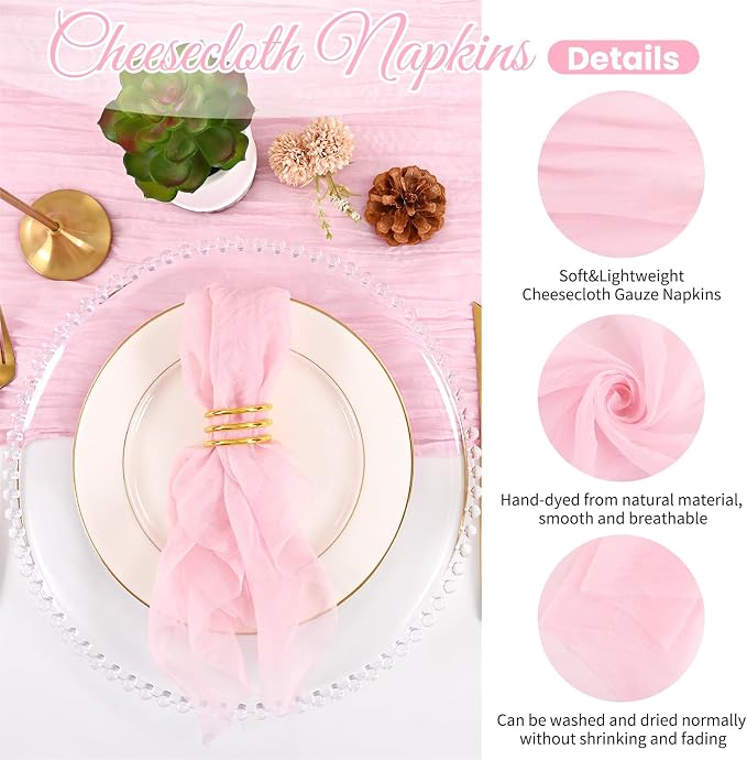 50 Pack Pink Cloth Napkins 20x20 Inch Cheesecloth Napkins | Elegant Cloth Napkins for Table, Washable Rustic Boho Gauze Napkins, for Wedding Party Bridal Baby Shower Dinner Table Decor - Image 4