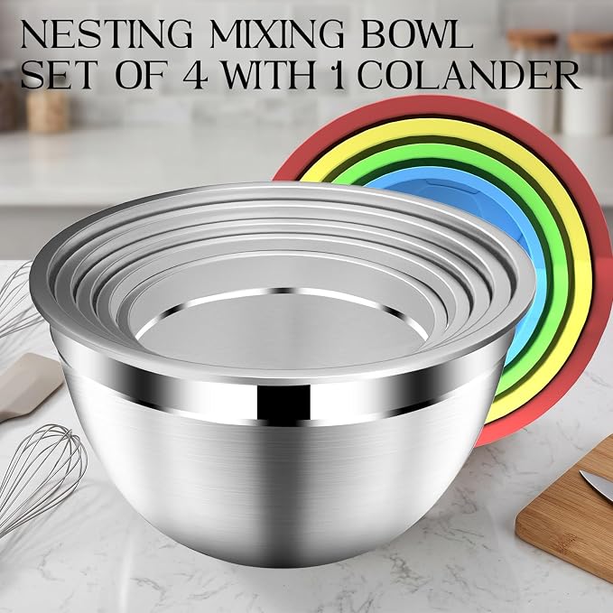 DUTZUN Colorful Mixing Bowls with Strainer, Mixing Bowl with Lids Set, Stainless Steel Mixing Bowls, Kitchen Gadgets Salad Bowls with Strainer for Mixing & Preping & Serving - Image 4