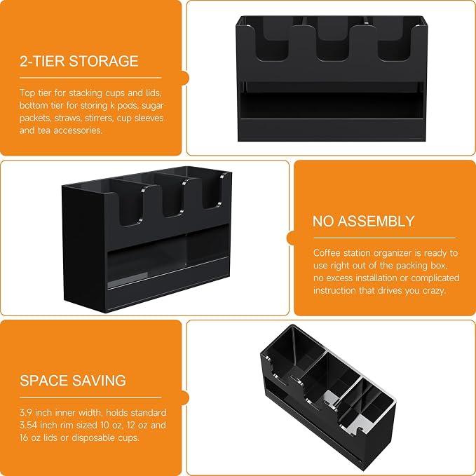 Beego 4-Compartment Cup Holder for Countertop - 2-Tier Black Acrylic Cup Dispenser Coffee Station Paper Cup and Lid Organizer Condiment Storage for Restaurant Breakroom Kitchen Bar Accessories - Image 8