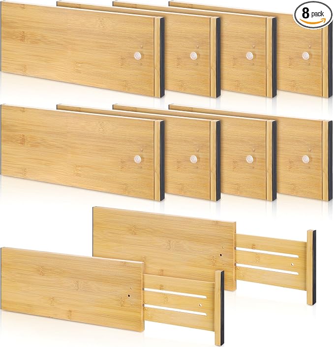 DoubleFill 8 Pcs Deep Bamboo Drawer Dividers, Deep Kitchen Dresser Drawer Organizer with Spring Loaded for Clothes, Adjustable Expandable from 15-22 Inch (Wood Color,6 Inch) by DoubleFill