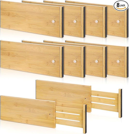 DoubleFill 8 Pcs Deep Bamboo Drawer Dividers, Deep Kitchen Dresser Drawer Organizer with Spring Loaded for Clothes, Adjustable Expandable from 15-22 Inch (Wood Color,6 Inch) by DoubleFill