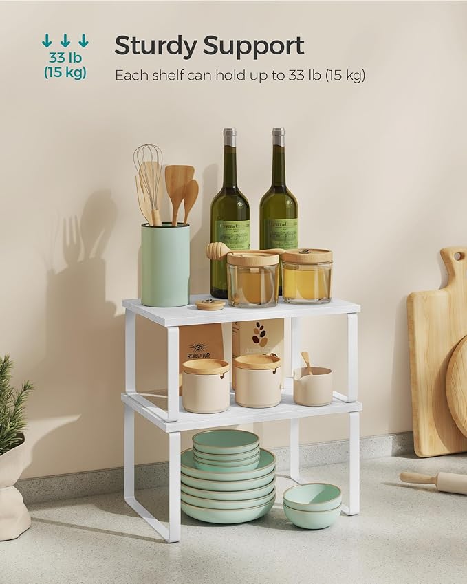 SONGMICS Cabinet Organizer Shelf, Set of 4 Kitchen Counter Shelves, Kitchen Storage, Spice Rack, Stackable, Expandable, Metal and Engineered Wood, Cloud White and Snow White UKCS027W01 - Image 5