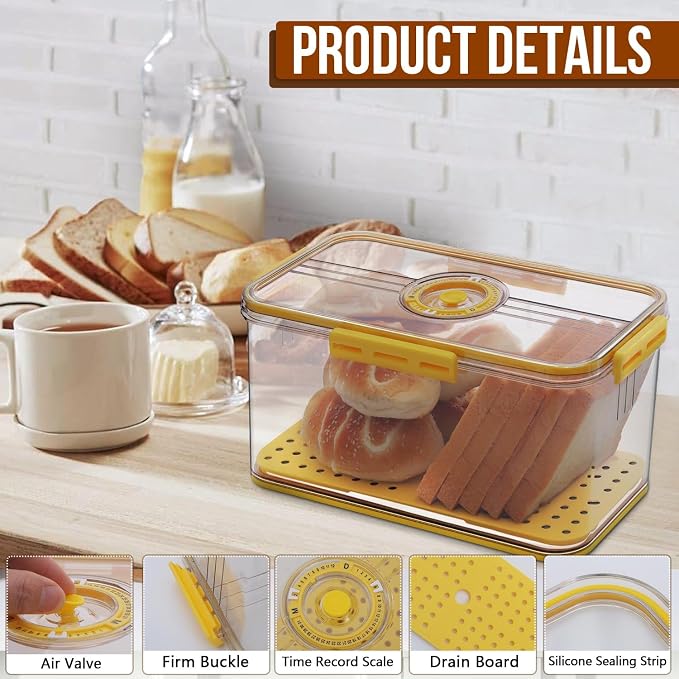 Gifhomfix Bread Box Bread Boxes for Kitchen Counter Airtight, Time Recording Bread Storage Container with Lid, Bread Keeper for Homemade Bread, Toast, Bagel, Donut and Cookies, LARGE Yellow - Image 3