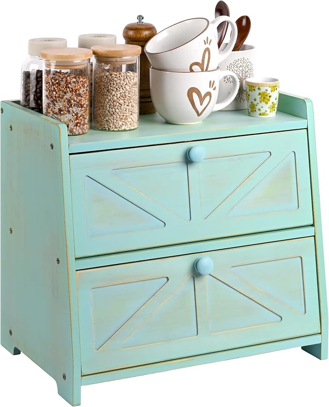 Bamboo Corner Bread Box for Kitchen Countertop 2-Tier Green | Farmhouse Bread Storage Container, Large Pantry Organizers for Homemade Snacks, Loaves, Breathable Keeps Bread Fresh by Ollieroo