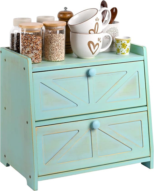 Bamboo Corner Bread Box for Kitchen Countertop 2-Tier Green | Farmhouse Bread Storage Container, Large Pantry Organizers for Homemade Snacks, Loaves, Breathable Keeps Bread Fresh by Ollieroo
