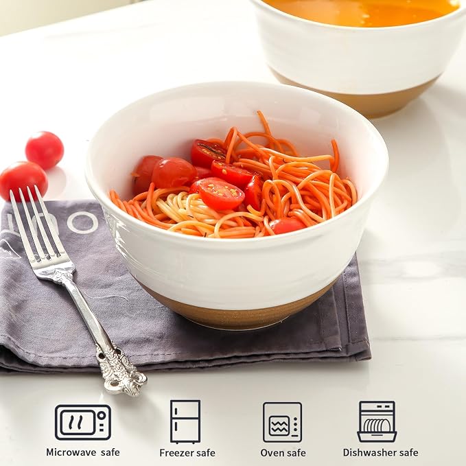 HASENSE Large Ceramic Soup Bowls Set of 4, 40 Oz 7 Inch White & Terracotta Stoneware Mixing Bowls, Farmhouse Bowls for Cereal, Salad, Pasta & Ramen, Dishwasher & Microwave Safe - Image 5