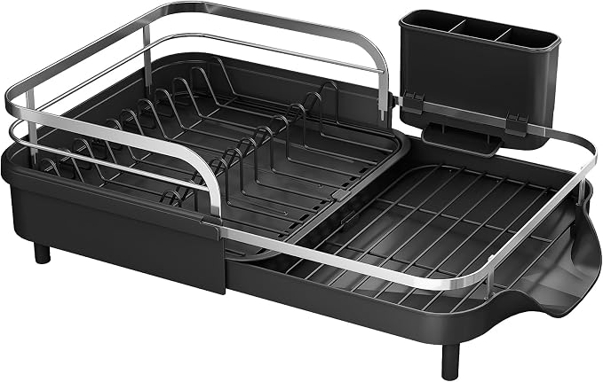SAYZH Expandable Dish Drying Rack for Small Kitchen Counter, Black | Stainless Steel, Protective Guardrail, Angled Drainboard, Fits High-Rim Sinks, Removable Utensil Holder - Image 9