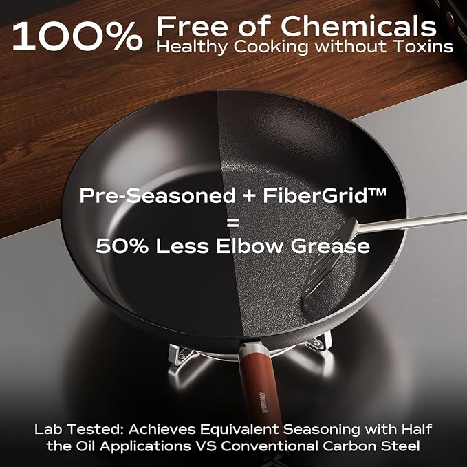 Carbon Steel Frying Pan, Pre-Seasoned 11-Inch Cooking Skillet Wooden Handle, PFAS & PFOA-Free, Nitrided Black Fry Pan for Kitchen, Camping, Chef Use - Image 3