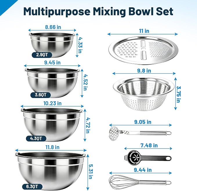 Stainless Steel Mixing Bowls with Lid and Colander Set | Size 6.3, 4.3, 3.6, 2.9QT,9Pcs Multipurpose Kitchen Metal Bowls with Grater,Colander,Egg Whisk,Separator for Baking Serving - Image 2