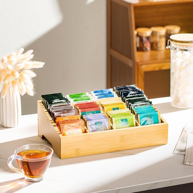 TIMIEEYA Tea Bag Organizer - Bamboo Tea Storage Organizer With 12 Compartments, 1 Layer Tea Organizer for Tea Bags Natural Bamboo for Countertop Office Kitchen Cabinet Pantry - Image 6