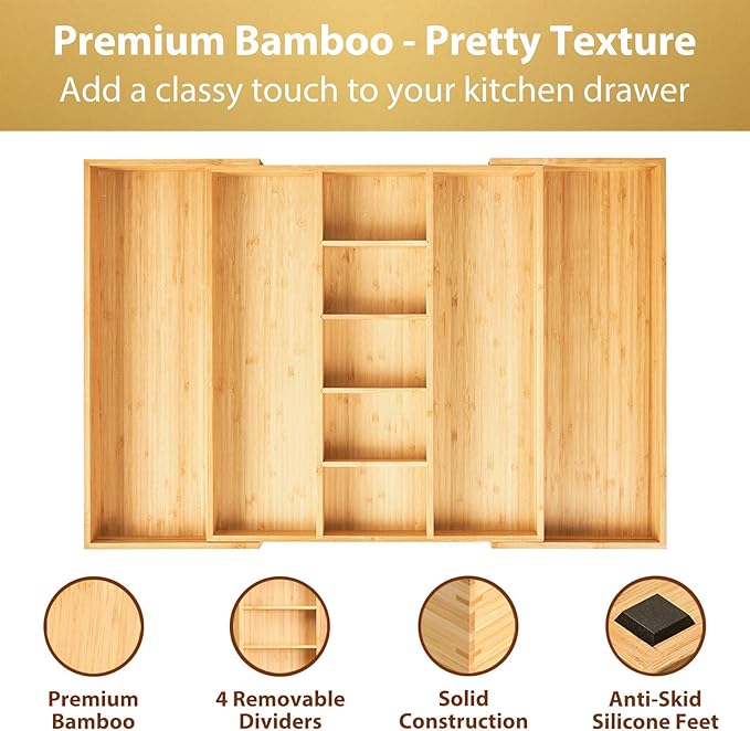 Extra Large Expandable Kitchen Drawer Organizer for Utensil and Junk, 19" Deep for Big Drawer, 17" to 28" Adjustable Bamboo Wood Drawer Divider, Cutlery Tray, Flatware Holder - Image 3