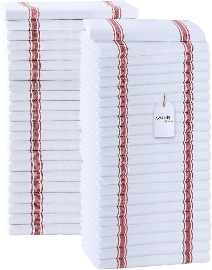 Dish Towels 45 Pack Red Stripe 100% Cotton Kitchen Towel 15x25 Inch Tea Towels, Dish Cloths for Washing Dishes, Kitchen Rags for Drying Dishes by Avalon+Kitchen