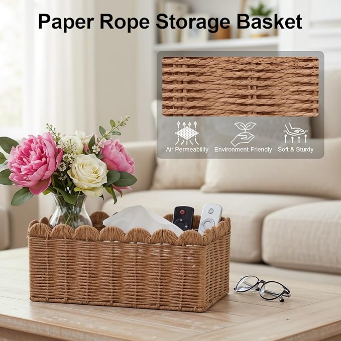 3 Pcs Wicker Baskets for Organizing,Scalloped Baskets, Hand-woven Wicker Storage Cubes, Paper Rope Shelf Baskets for Organizing and Decoration,Brown Basket - Image 6