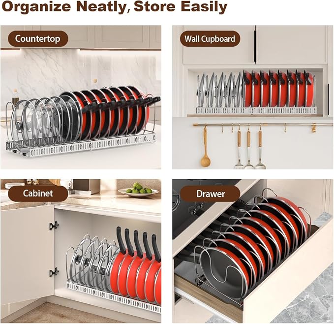 Housolution Pot and Pan Lid Organizer Holder Storage Rack, Silver | 12"-23" Expandable, 14 Adjustable Dividers, Sturdy Stainless Steel Construction, Easy Assembly - Image 6