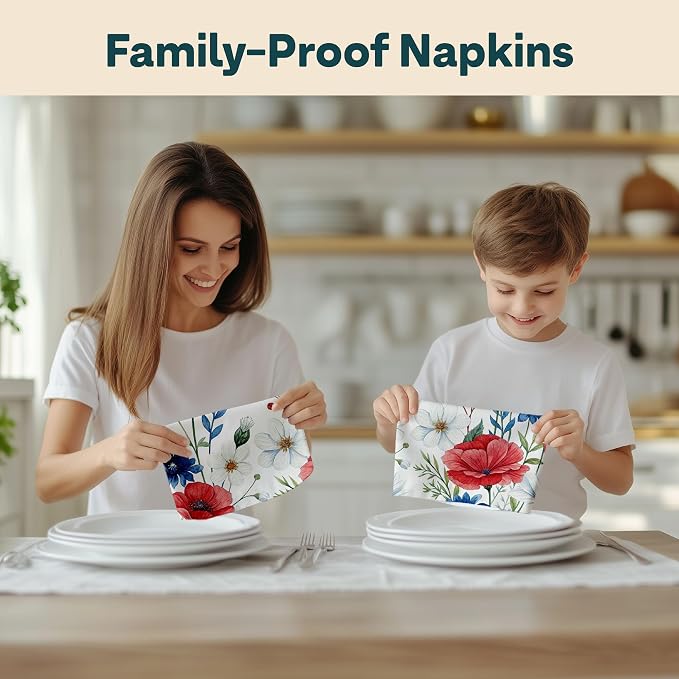 Fourth of July Cloth Napkins | Red White and Blue | Spring Floral Napkins | Patriotic Table Decorations | Absorbent, Washable, Reusable, Stain & Wrinkle Resistant | Made in America - 4pack - Image 6