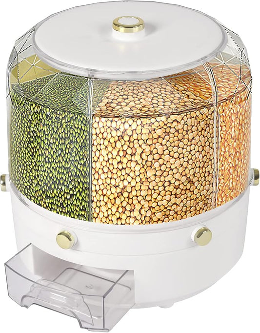 360° Rotating Grain Dispenser With 6 Grids, 13.2lbs Large Capacity Grain Dispenser Rotating Kitchen Storage Containers With Sealed Lid For Peanut Barley Millet And Cereal (White,Gold, 13.2 lbs) by Unknown