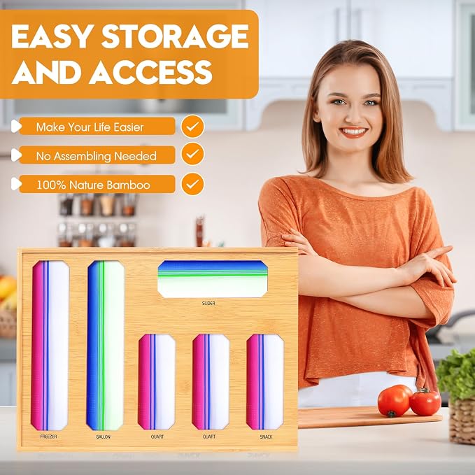 Bamboo Ziplock Bag Organizer for Kitchen Drawer & Wall Mount, Food Storage Baggie Holder, Fits Gallon Quart Sandwich Snack Freezer & Slider Bags, No Assembly, 6 in 1,Natural Color - Image 7