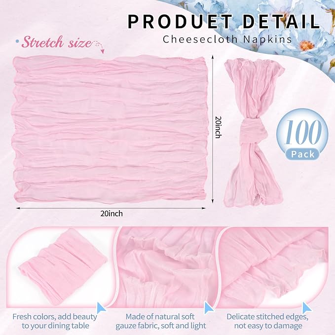 100 Pack Pink Cheesecloth Napkins 20"x20" Boho Washable Cloth Napkins Set of 100 Wrinkled Cheese Cloth Napkins Gauze Dinner Table Napkin for Wedding Party Baby Shower Birthday Decor - Image 2