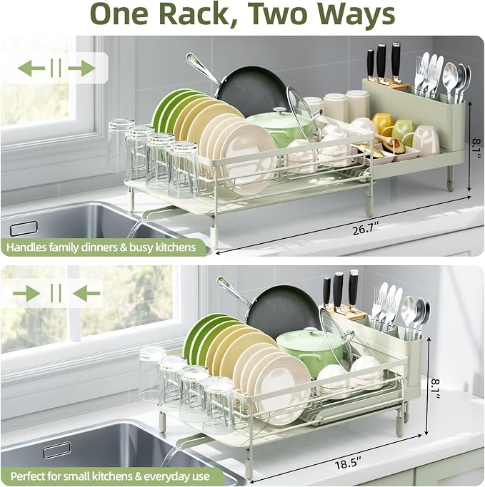 Urackify Extendable Dish Rack, 18.5"-26.7" L x 12.7" W, Soft Celery Green | Multifunctional large dish rack with cup holder and built-in cutlery holder for versatile drying needs - Image 2
