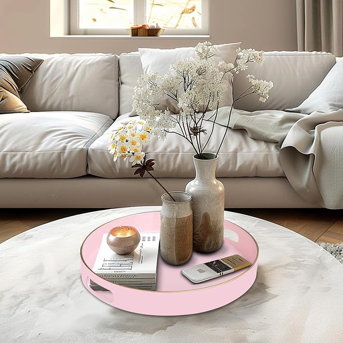 13" Pink Decorative Tray, Plastic Round Serving Tray with Handles | Decorative Tray for Coffee Table, Modern Ottoman Tray, Circle Tea Tray, Round Melamine Tray for Living Room, Bathroom - Image 6