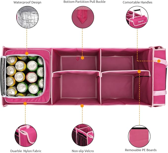 Collapsible Trunk Organizer with Insulated Leakproof Cooler Bag,Removable Lid,Adjustable Securing Straps,3 Compartments Trunk Organizer for SUV,Truck,Sedan(Pink) - Image 3