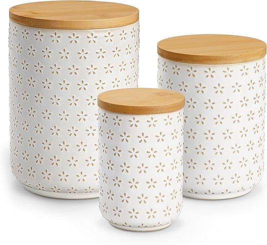MALACASA LYDIA Ceramic Canisters Set with Airtight Lids, 80/40/20 oz Coffee Canisters Sets for the Kitchen, Large Jars for Flour, Sugar, Pasta, Coffee, Cookies, Tea - Set of 3, Five-Leaf Grass by MALACASA