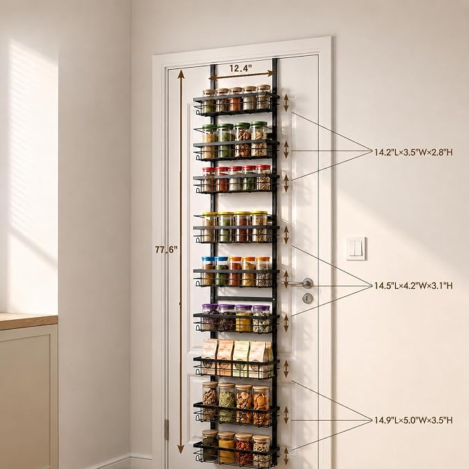 Over the Door Spice Rack 9-Tier Black for Kitchen Pantry | Adjustable 9-tier metal over-door storage rack for kitchen, pantry. Rust-resistant, hooks, suction cups, no-drill. - Image 2