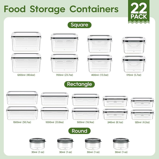 KEMETHY 44-Piece Food Storage Containers with Lids(22 Containers & 22 Lids), Plastic Food Containers for Pantry & Kitchen Storage and Organization, BPA-Free, Leak Proof, Reusable with Labels & Pen - Image 2