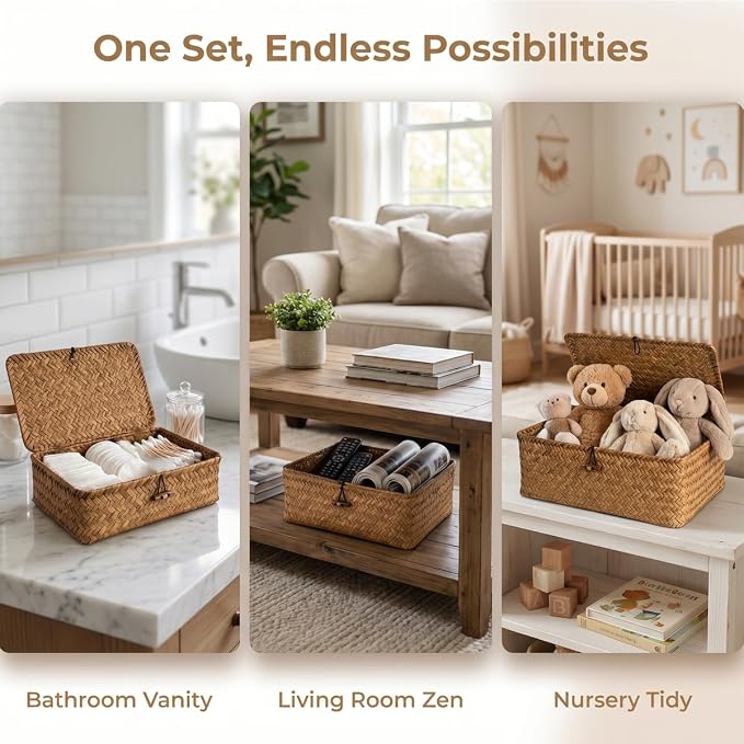 Wicker Basket With Lid Set of 5,Decorative Boxes with Lids Flat Storage Bins,Multipurpose Seagrass Storage Baskets,Wicker Basket With Lid Woven Organizer Baskets for Shelf, Closet, Bedroom - Image 5