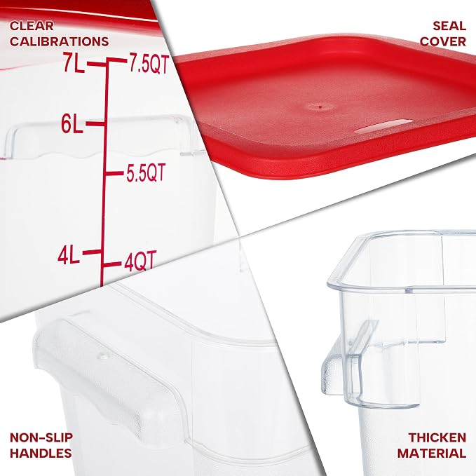 BIEAMA 4 Pack 8 Qt Square Food Storage Containers with Lids, NSF, Clear | Commercial polycarbonate containers with scale markings and handles; stackable for prep, brining, fermentation & bulk storage - Image 3