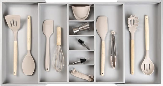 Utensil & Junk Drawer Organizer, 19-33 in, Gray Bamboo | Food-safe contract grade, 100% sustainable wood, non-slip, adjustable by KitchenEdge