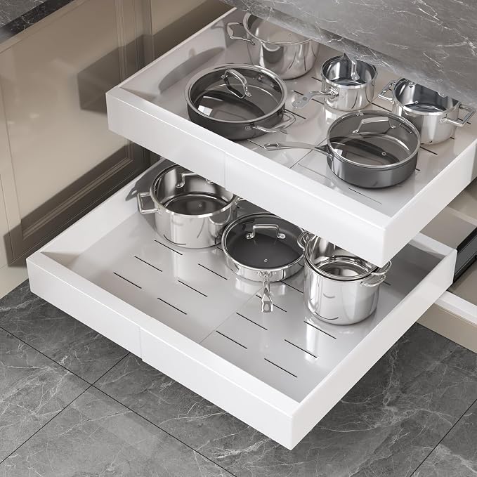 Seinloes 1 Pack Pull Out Cabinet Organizer 21" Deep,Full Extension 3 Slide Rails Slide Out Drawers With Raising Pad for Framed Cabinets,Expandable Width (12.3"-20.5"),No Drill Roll Out Shelves,White by Seinloes