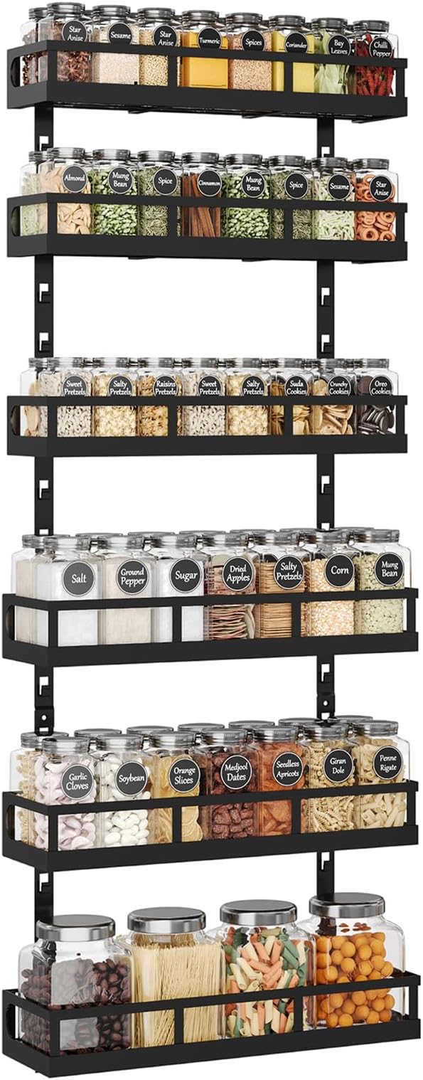 X-cosrack 6-Tier Wall-Mounted Spice Rack Organizer with Mixed Basket Sizes, Height-Adjustable Hanging Spice Shelf for Kitchen Pantry Cabinet, Large-Capacity Seasoning Holder, Black by X-cosrack