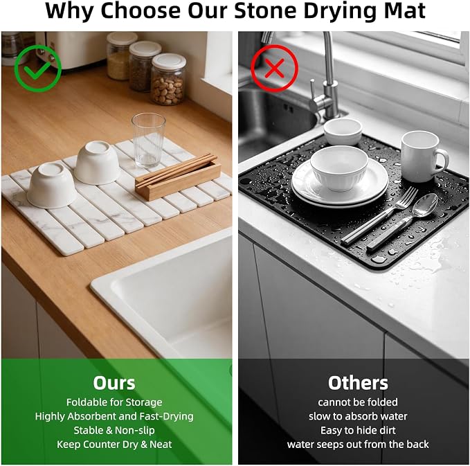 Large Stone Dish Drying Mat for Kitchen Counter, 24"×16" Foldable Quick Drying Mat, Absorbent Diatomaceous Earth Drying Mat for Bottles Cups Dishes, Match Any Countertop (White Marble, 24" x 16") - Image 7