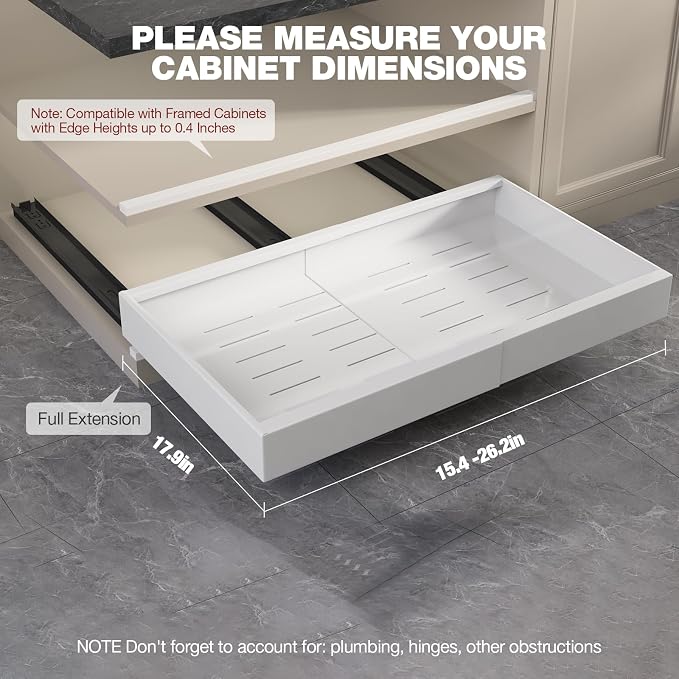Seinloes 2 Pack Pull Out Cabinet Organizer 18" Deep,Full Extension 3 Slide Rails Slide Out Drawers With Raising Pad for Framed Cabinets,Expandable Width (15.4"-26.2"),No Drill Roll Out shelf,White - Image 6