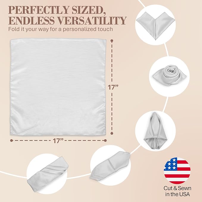 17x17-Inch Shantung Satin Cloth Napkins, Silver, Set of 24 | Bulk Case of 2 Dozen, Square, 100% Polyester Fabric, Reversible, Faux Dupioni Silk Reverse Side, Machine Washable - Image 7
