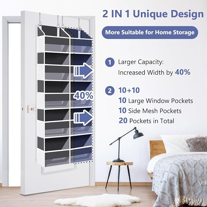 Heavy Duty Over The Door Organizer 5 Tiers, Extra Large Behind Door Storage of 10 Front & 10 Mesh Pockets, 80lb Weight Capacity, Hanging Doors Storage for Closet Bedroom Nursery, Dark Gray - Image 3