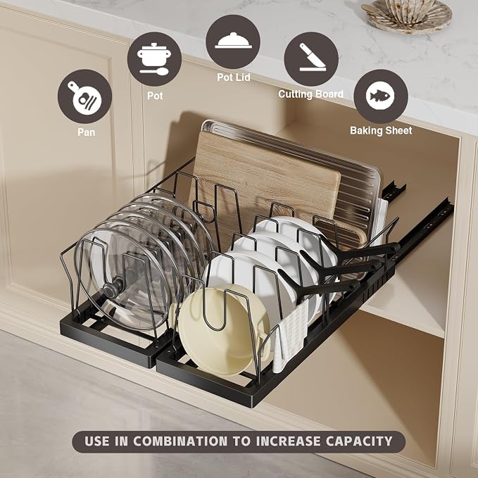 Magheo 2 Pack Pots and Pans Organizer Under Cabinet, 22" Deep Expandable Pull Out Pot Lid Organizer and Storage with 10 Adjustable Dividers No Drill Pot and Pan Holder Rack with Handle Bracket(Black) - Image 2