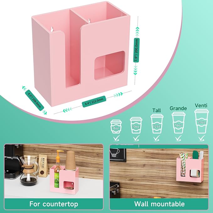2-Tier Coffee Station Organizer for Countertop, 3 Compartments Pink Acrylic Cup and Lid Holder Tea Condiment Storage Upright Coffee Bar Organizer Pod Dispenser for Office Breakroom Home Kitchen - Image 5