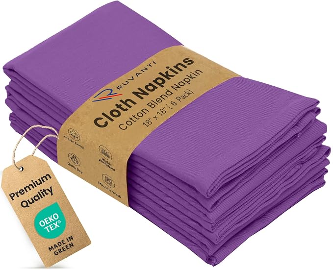 Ruvanti Cloth Napkins Set of 6, 18x18 Inches Napkins Cloth Washable, Soft, Durable, Absorbent, Cotton Blend. Table Dinner Napkins Cloth for Hotel, Lunch, Restaurant, Wedding Parties - Purple by Ruvanti